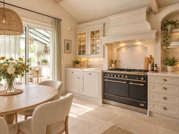 Cuisine lumineuse avec table à manger, éléments en bois et appareils modernes dans une villa de standing à Bassussarry.
