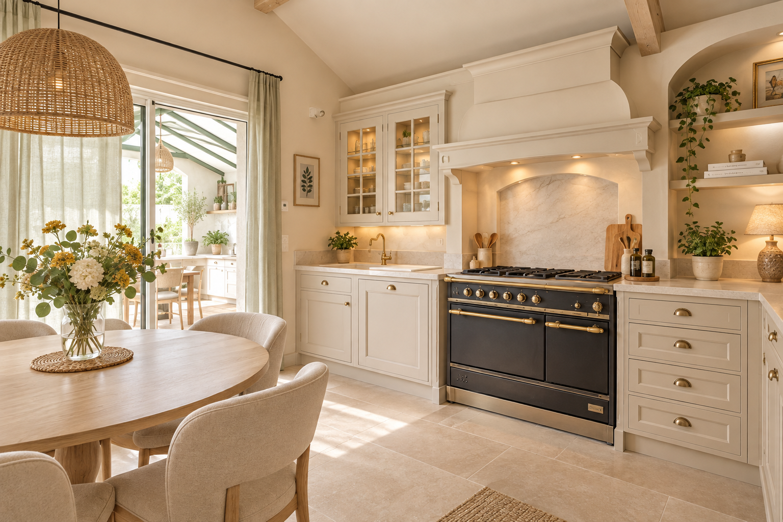 Cuisine d’une villa de standing à Bassussarry Cuisine lumineuse avec table à manger, éléments en bois et appareils modernes dans une villa de standing à Bassussarry.
