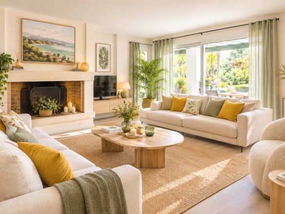 Intérieur d'un salon lumineux avec canapés beige et décorations vertes, ouvert sur un jardin.