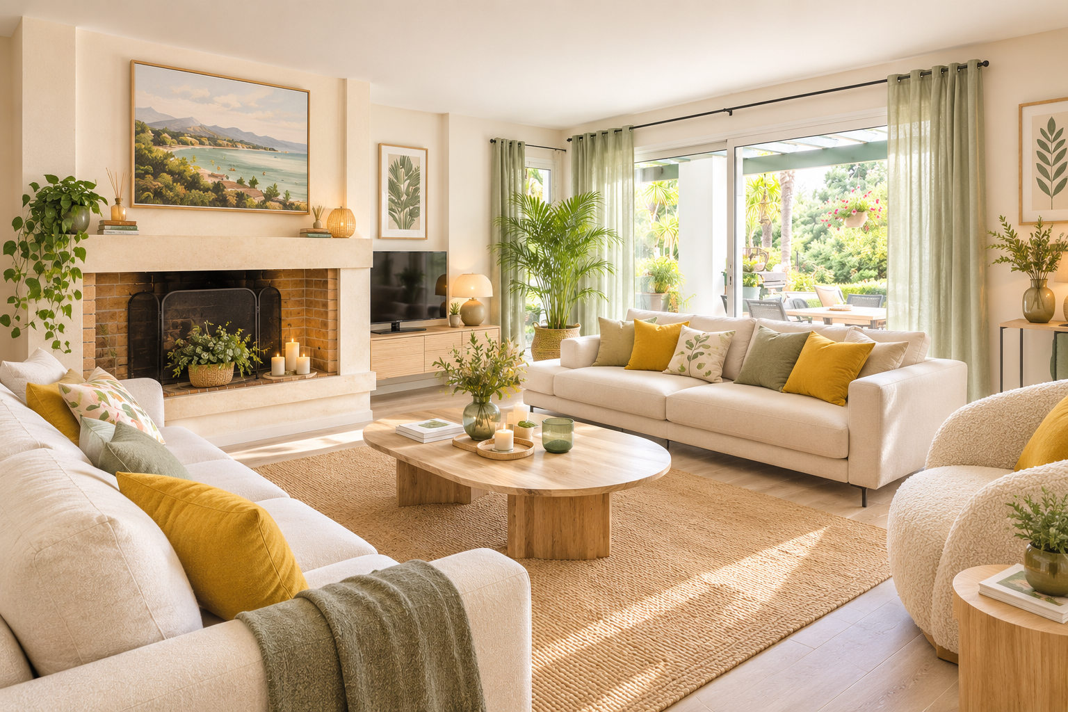 Salon élégant avec vue sur jardin Intérieur d'un salon lumineux avec canapés beige et décorations vertes, ouvert sur un jardin.