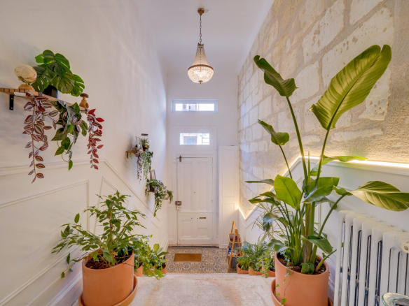 Entrée d'une maison avec plantes vertes et murs en pierre à Bordeaux