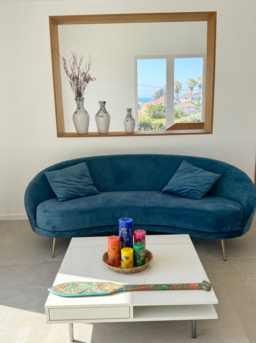 Intérieur moderne d’une villa à Bidart Intérieur d'une villa à Bidart avec un canapé bleu, des coussins, des bougies colorées et un miroir.