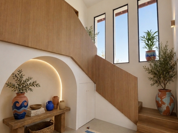 Intérieur d'une villa moderne à Bidart avec un escalier en bois et des décorations en pot.