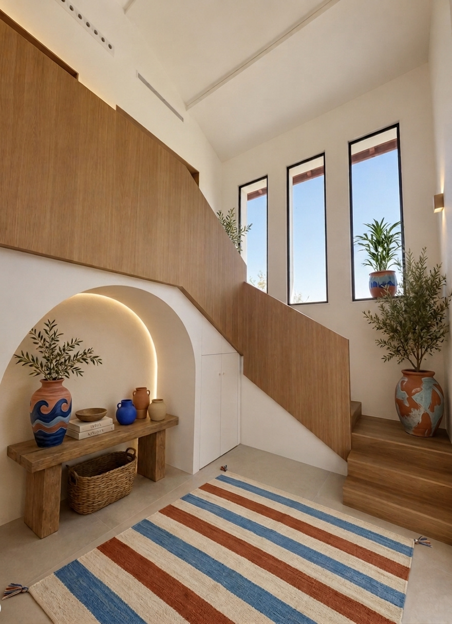 Intérieur d’une villa à Bidart Intérieur d'une villa moderne à Bidart avec un escalier en bois et des décorations en pot.