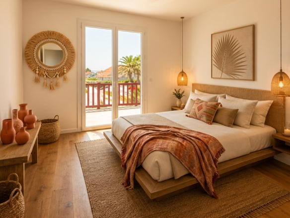 Chambre d'une villa à Bidart avec vue sur les montagnes et la mer, décorée avec des éléments naturels.