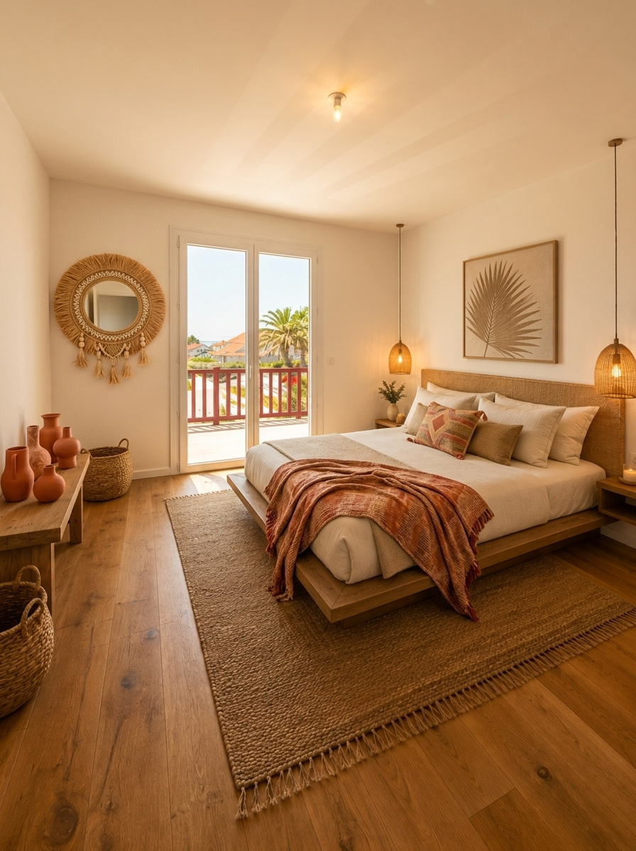 Chambre de villa à Bidart Chambre d'une villa à Bidart avec vue sur les montagnes et la mer, décorée avec des éléments naturels.