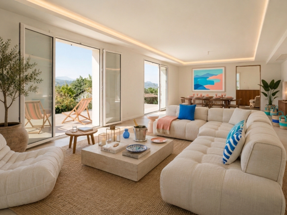 Intérieur d'une villa moderne à Bidart avec salon lumineux et vue sur les montagnes.