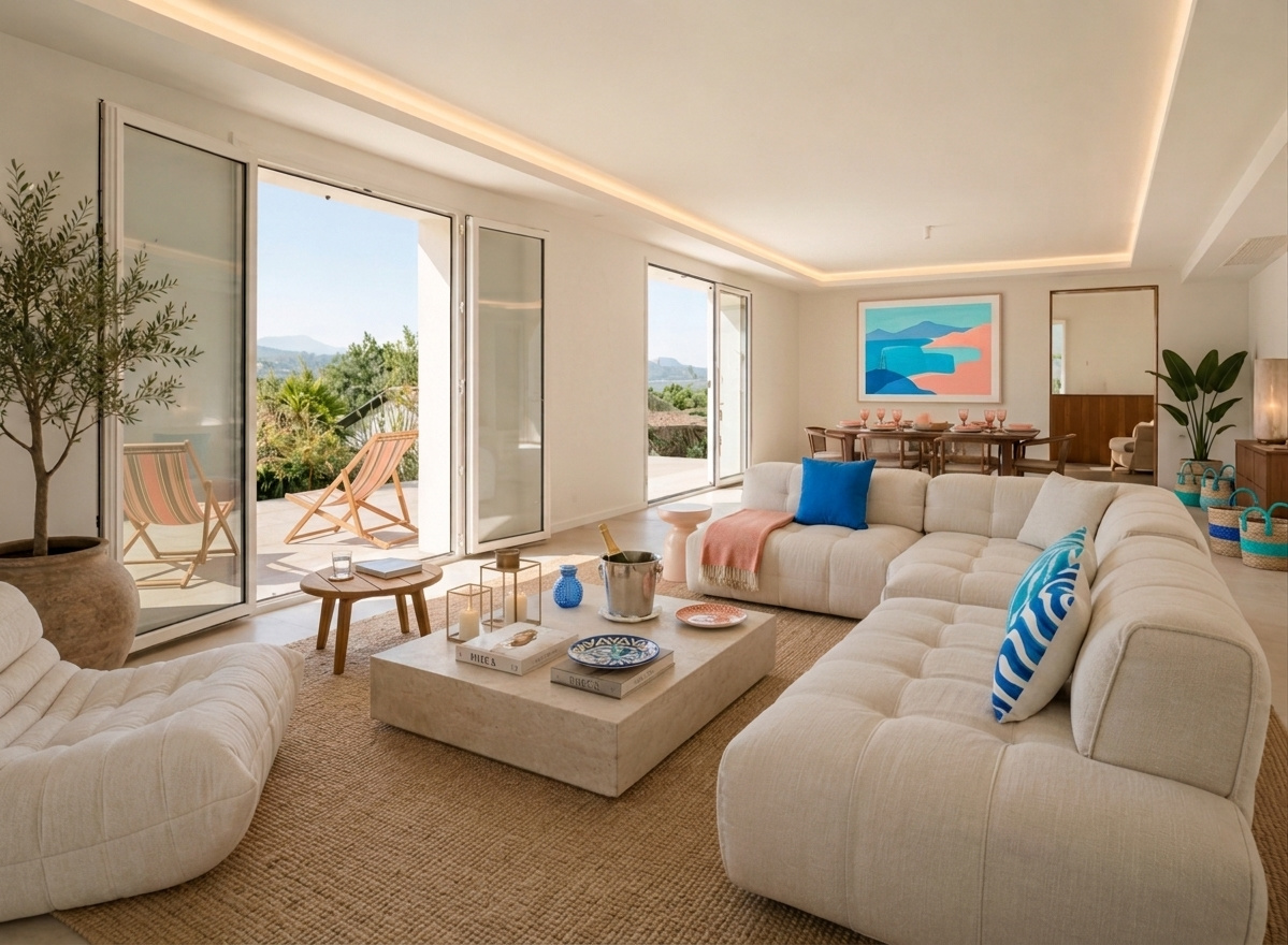 Villa moderne à Bidart Intérieur d'une villa moderne à Bidart avec salon lumineux et vue sur les montagnes.