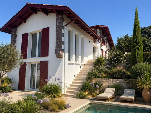 Villa néo Basque à Bidart avec piscine, jardin et vue sur les montagnes et l'océan.