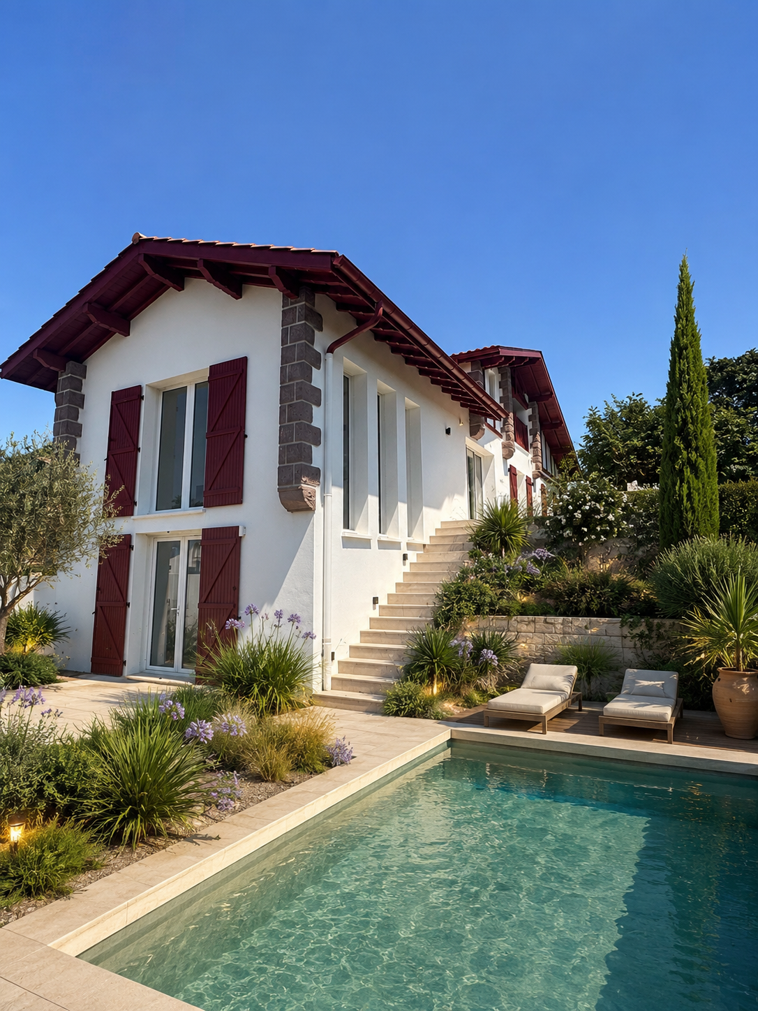Villa à Bidart avec vue Villa néo Basque à Bidart avec piscine, jardin et vue sur les montagnes et l'océan.