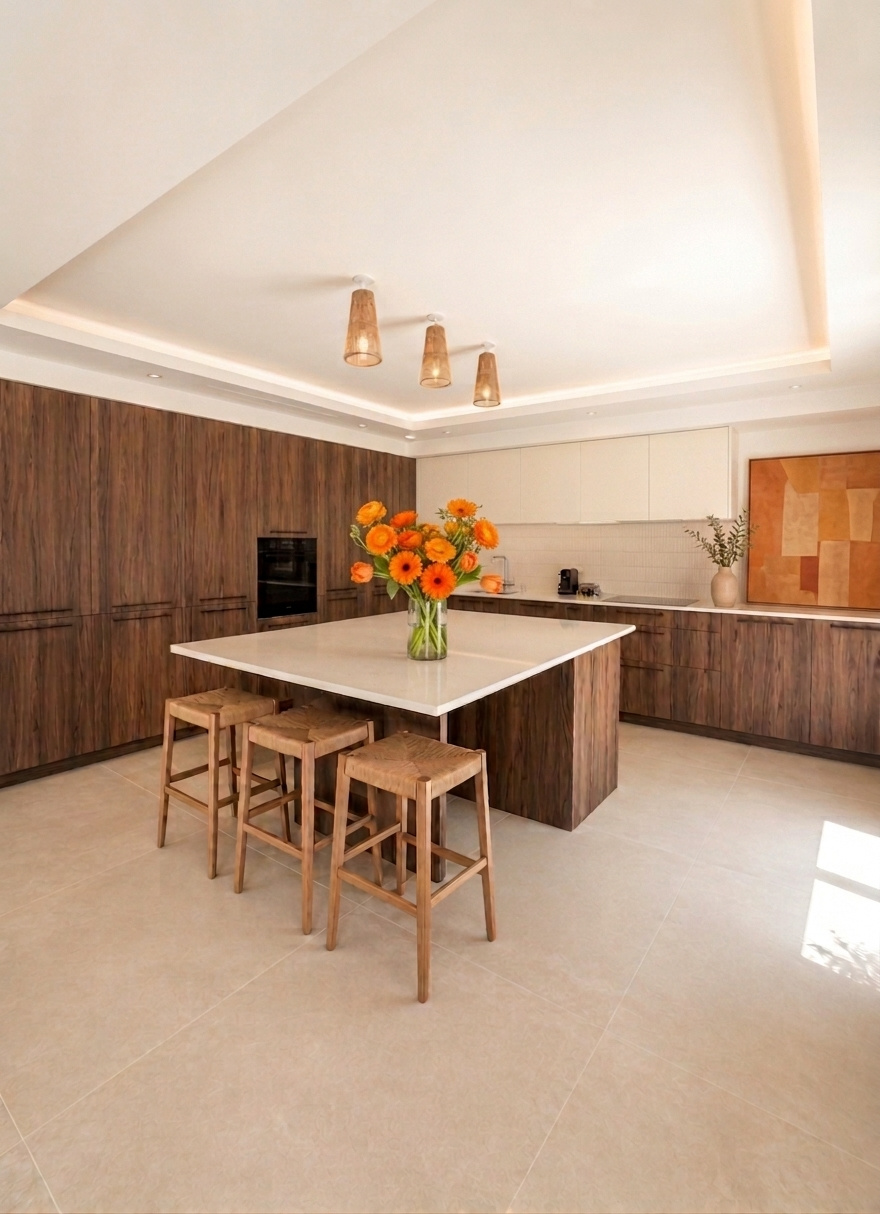 Cuisine de la villa à Bidart Cuisine moderne avec îlot central et fleurs, villa à Bidart.