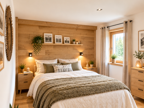Chambre à coucher moderne avec lit double, décor en bois et plantes d'intérieur.