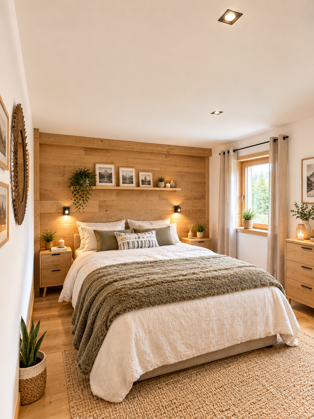 Chambre à coucher moderne Chambre à coucher moderne avec lit double, décor en bois et plantes d'intérieur.
