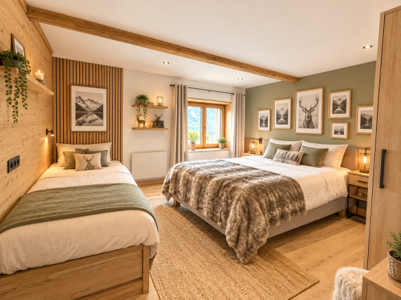 Chambre spacieuse avec deux lits, décorée avec des éléments en bois et des œuvres d'art, vue sur la montagne.