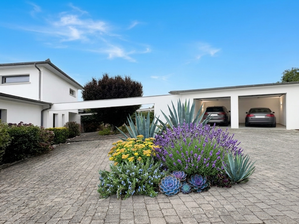 Villa d’architecte à Villeneuve-de-Rivière Entrée d'une villa d'architecte avec un jardin fleuri et des voitures dans un garage.