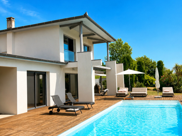 Villa d'architecte moderne avec piscine et terrasse en bois, entourée de verdure.