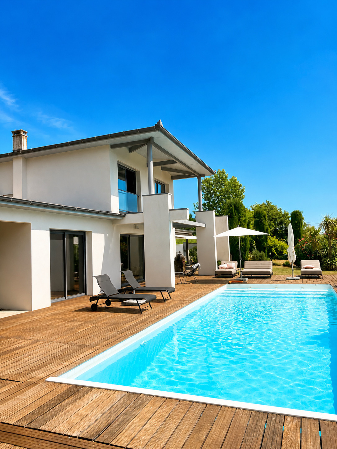 Villa d’architecte à Villeneuve-de-Rivière Villa d'architecte moderne avec piscine et terrasse en bois, entourée de verdure.