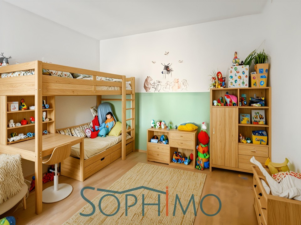Chambre d’enfants Chambre d'enfants avec lits superposés et mobilier en bois clair, décorée avec des jouets colorés.