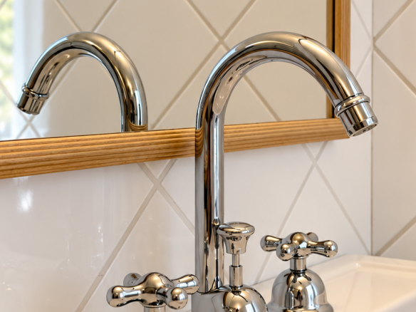 Chrome taps on a sink with a mirror in the background.