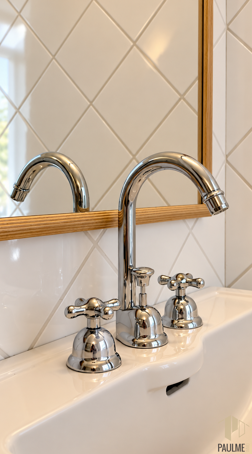 Faucet details Chrome taps on a sink with a mirror in the background.