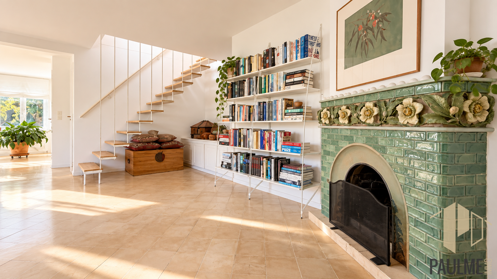Interior of a house in Sergy Interior of a stone house with staircase, library and decorative fireplace.