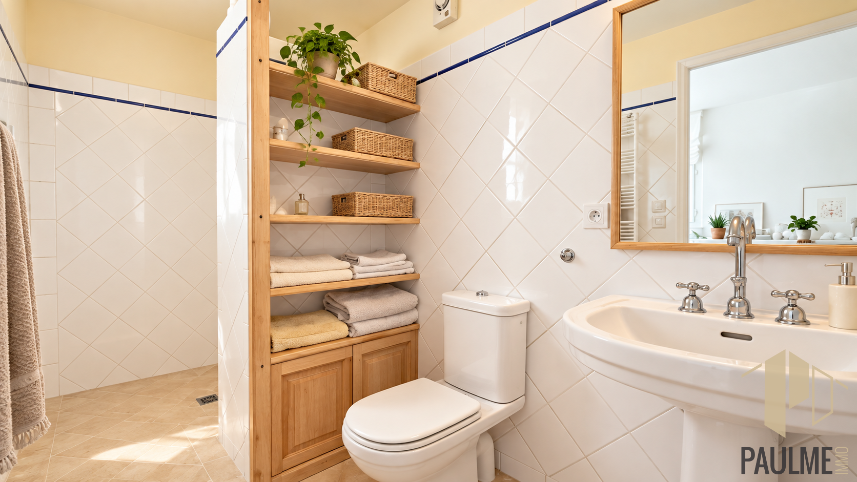 Bathroom in a house in Sergy Bathroom with wooden furniture, sink and toilet in a house in Sergy.