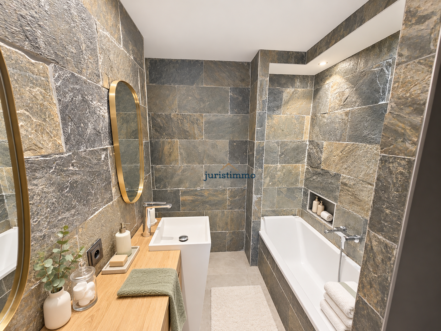 Salle de bain architecturale Salle de bain moderne avec baignoire et lavabo, murs en pierre naturelle.