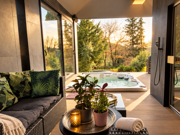 Espace détente avec jacuzzi et vue sur la nature, à Uchaux.