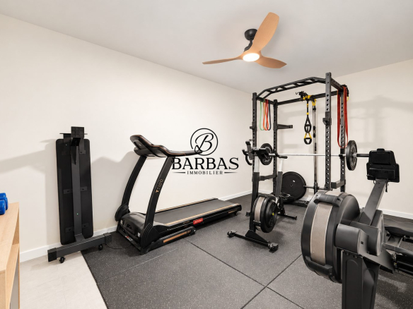 Salle de sport avec équipements de fitness dans une maison contemporaine.