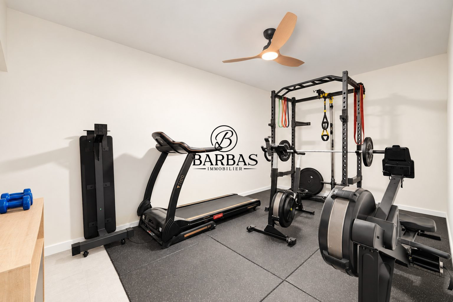 Salle de sport avec équipements de fitness dans une maison contemporaine.