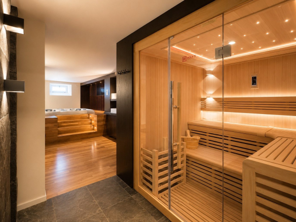 Intérieur d'un spa privatif avec sauna en bois et coin détente