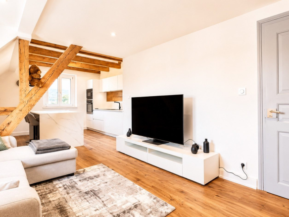 Salon moderne avec télévision et canapé dans une maison rénovée à Munster