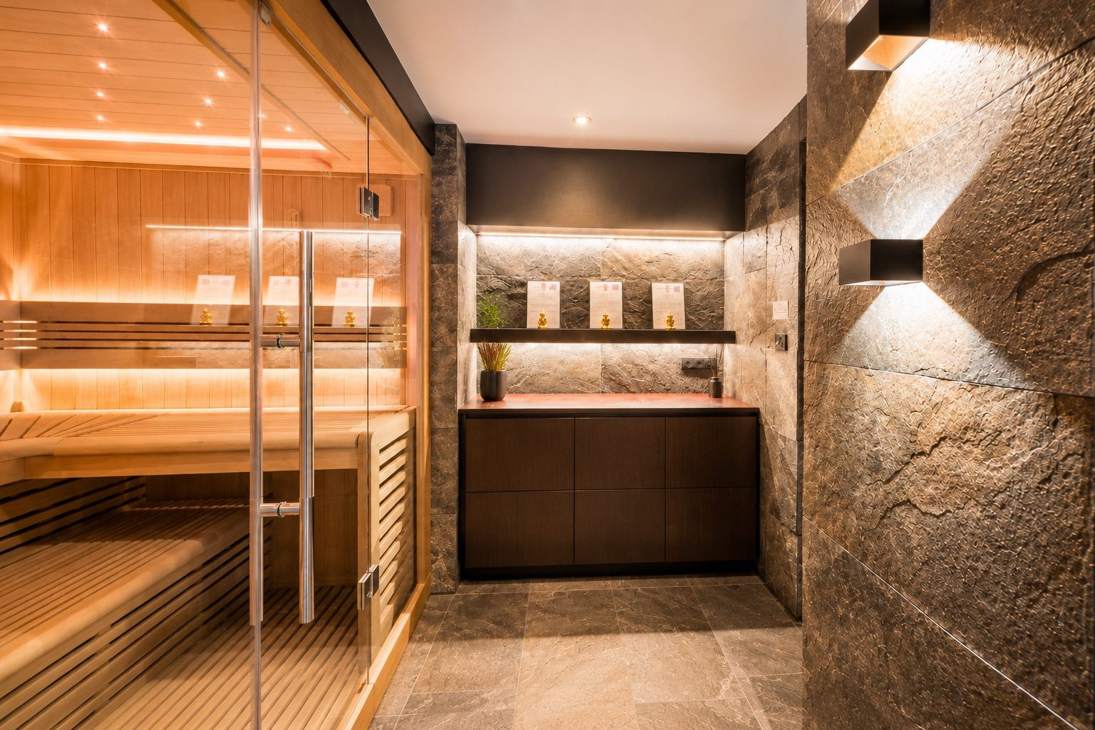 Spa privatif moderne Intérieur d'un spa privatif avec sauna en bois et éclairage tamisé.