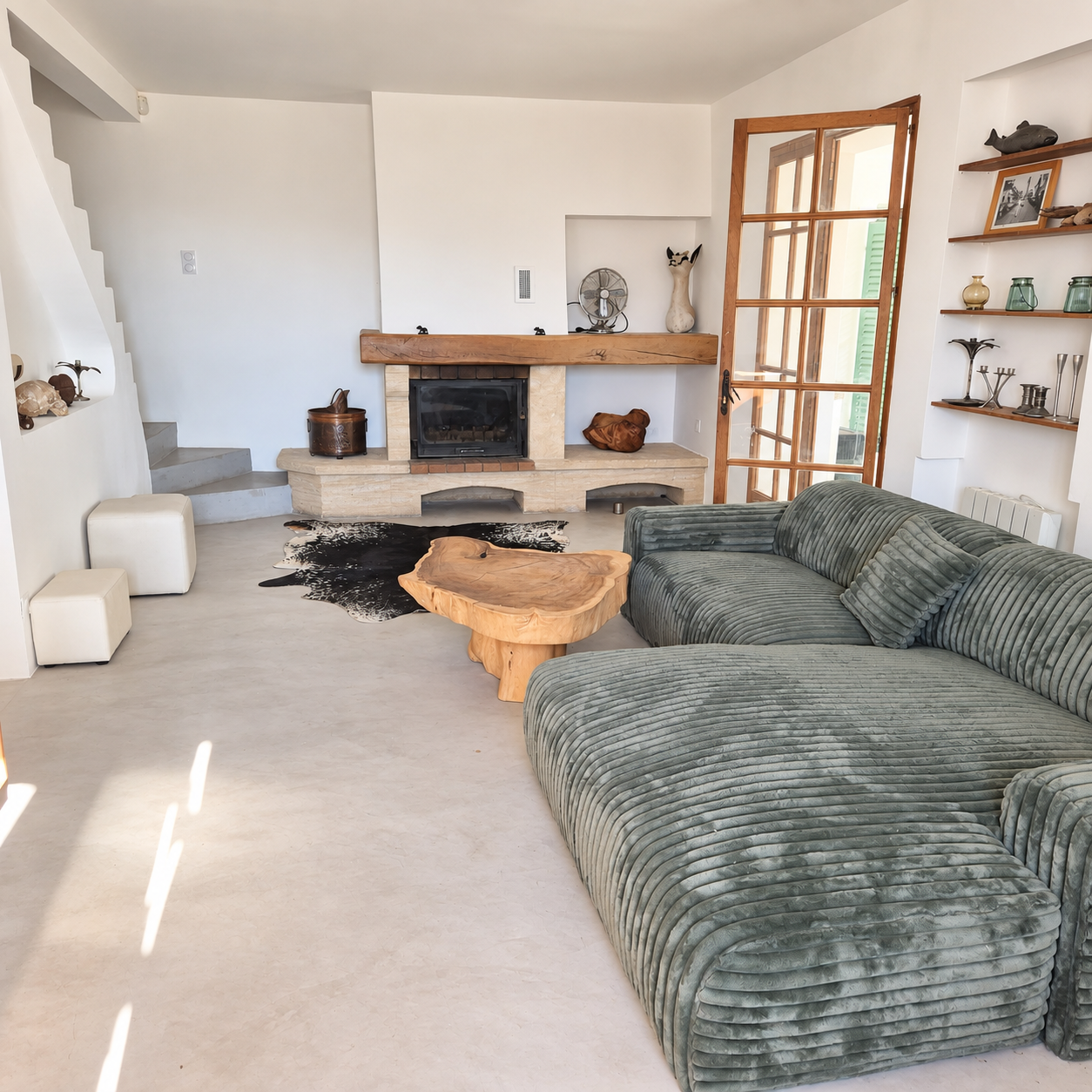 Salon lumineux d’une maison Intérieur d'une maison avec un salon spacieux et une cheminée, éclairé par la lumière naturelle.