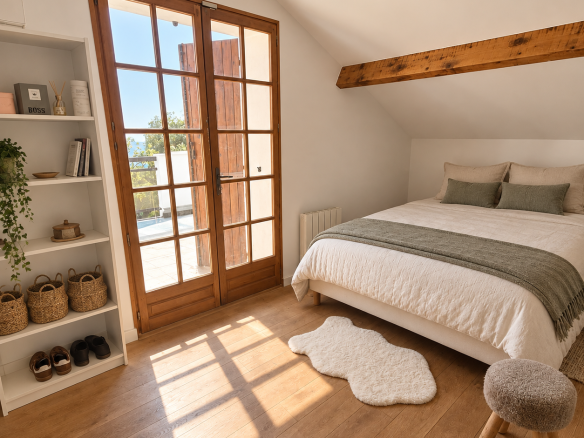 Chambre lumineuse avec accès à une terrasse, vue sur piscine et mer à L'Estaque.