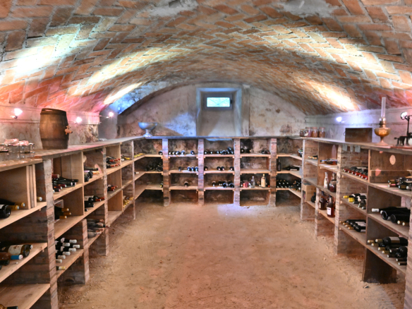 Cave à vin avec étagères en bois et éclairage tamisé, murs en briques apparentes.