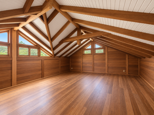 Intérieur d'une maison en bois avec poutres apparentes et parquet, espace lumineux et vide.