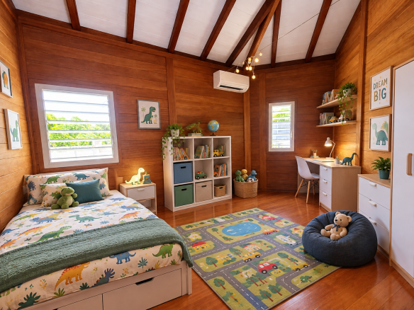 Chambre d'enfant dans une maison en bois, avec lit, bureau et décorations colorées.