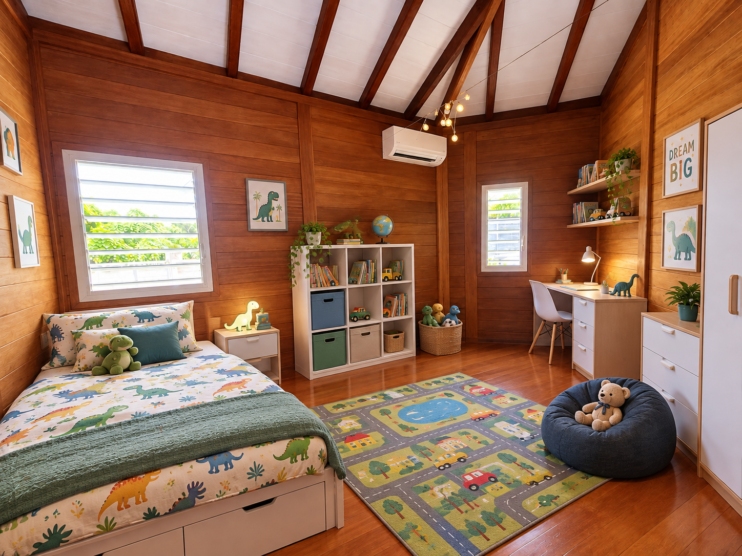 Chambre d'enfant dans une maison en bois, avec lit, bureau et décorations colorées.