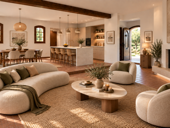 Interior of a modern property with living room, open kitchen and dining room.