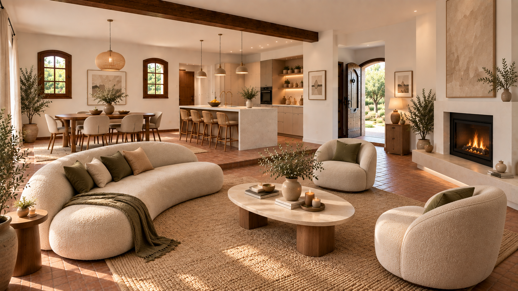 Interior of a modern property with living room, open kitchen and dining room.