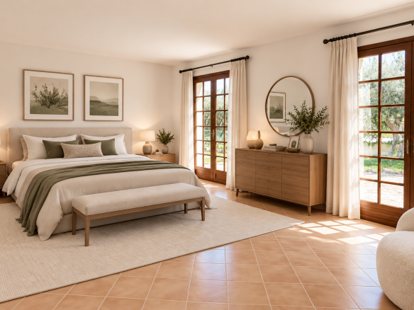 Spacious room with king-size bed, wooden furniture and natural light in Tourrettes-sur-Loup.