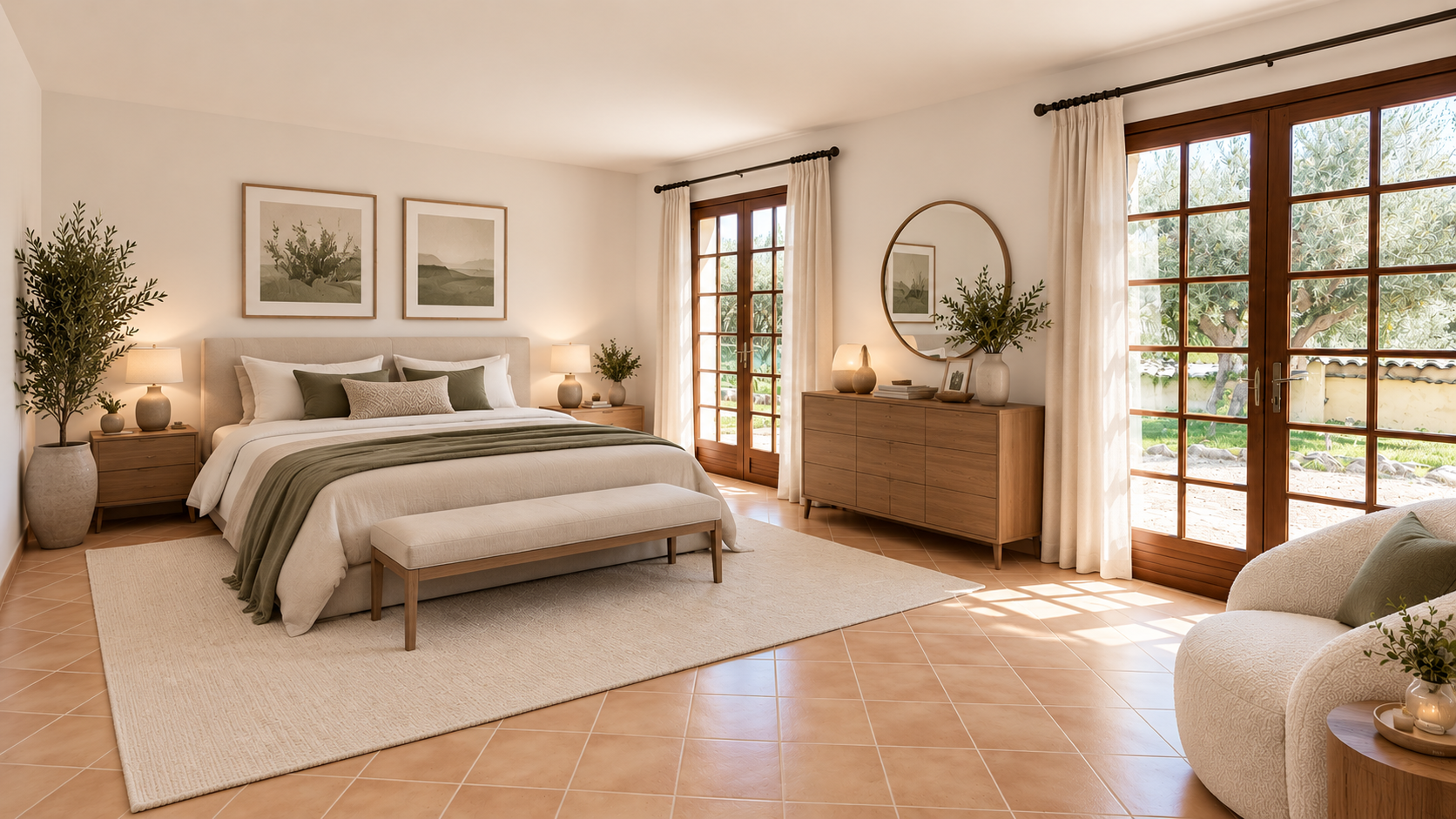 Spacious room with king-size bed, wooden furniture and natural light in Tourrettes-sur-Loup.