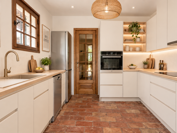 Modern kitchen with light-colored cabinets and a wooden worktop, soft lighting