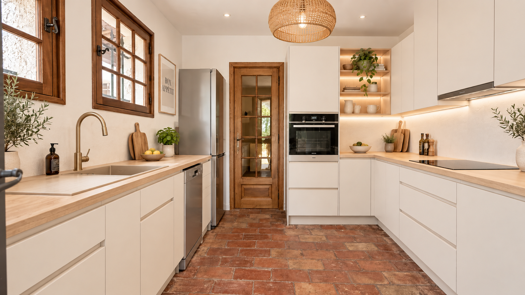 Modern kitchen with light-colored cabinets and a wooden worktop, soft lighting