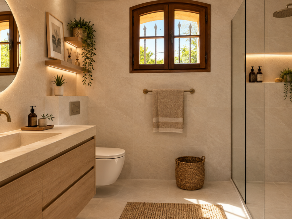 Modern bathroom with wooden shower and sink, soft lighting and minimalist decor.