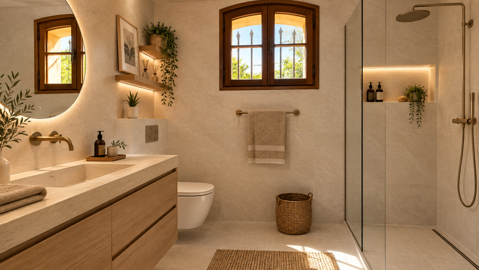 Modern bathroom with wooden shower and sink, soft lighting and minimalist decor.