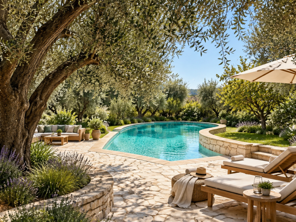 Swimming pool surrounded by olive trees and vegetation on a property in Tourrettes-sur-Loup.