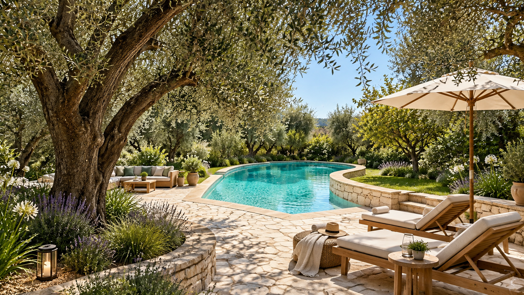 Swimming pool surrounded by olive trees and vegetation on a property in Tourrettes-sur-Loup.