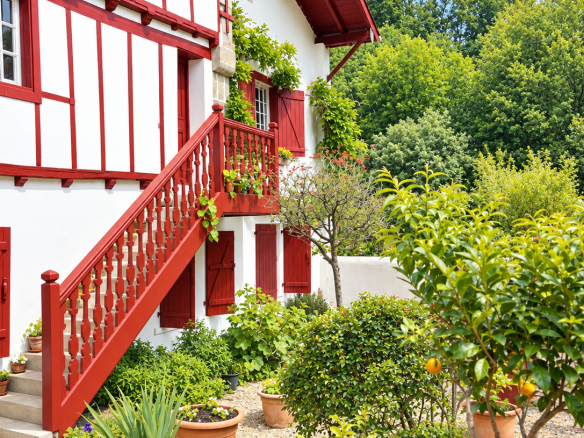 17th century Labourdine farmhouse in Cambo-les-Bains, with half-timbered facade and flower garden.